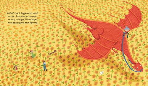 The winning spread for the Award, shows a large red dragon flying over a field of sunflowers